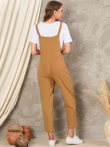 Solid Pocket Sleeveless Button Casual Jumpsuit For Women