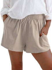 Women Casual Solid Color Elastic Waist Pocket Shorts