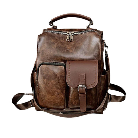 Women Vintage Faux Leather Multi-Pocket Multifunctional Backpack Crossbody Bag