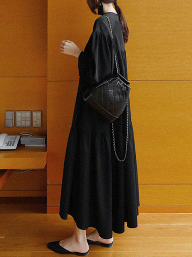Long Sleeve V-neck Solid Color Loose Pleated Casual Shirt Dress