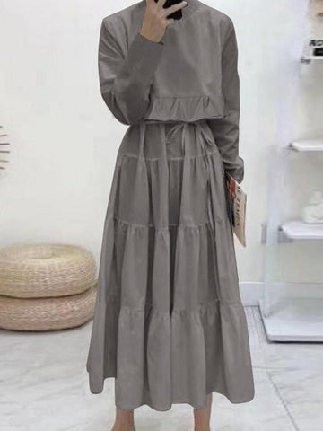 Women High Neck Tiered Frill Waist Tie Casual Long Sleeve Pleated Maxi Dresses