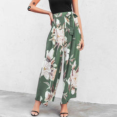 Sash Floral Print Wide Leg Elastic Loose Boho Casual Pants For Women