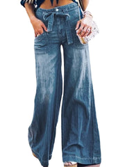 Women Casual Zipper Fly Lace-Up Mid Waist Wide Leg Jeans With Pocket