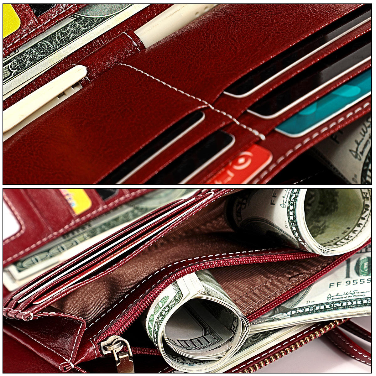 Women Rfid Antimagnetic Genuine Leather Zipper Wallet Multi-layer Card Holder Phone Bag Purse