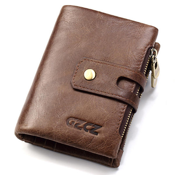 Men Women Retro Genuine Leather Tri-fold Wallet Card Holder Double Zipper