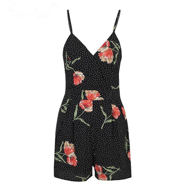 Sexy V Neck Print Boho Jumpsuit Romper Backless Tie Up Short Jumpsuit Women Plissado High Waist Casual Summer Playsuit