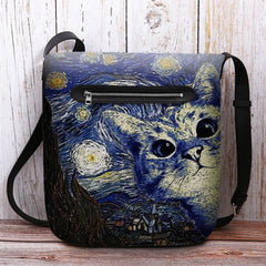 Women Felt Cute Casual Cartoon Cat Pattern With Starry Night Galaxy Paintings Crossbody Bag Shoulder