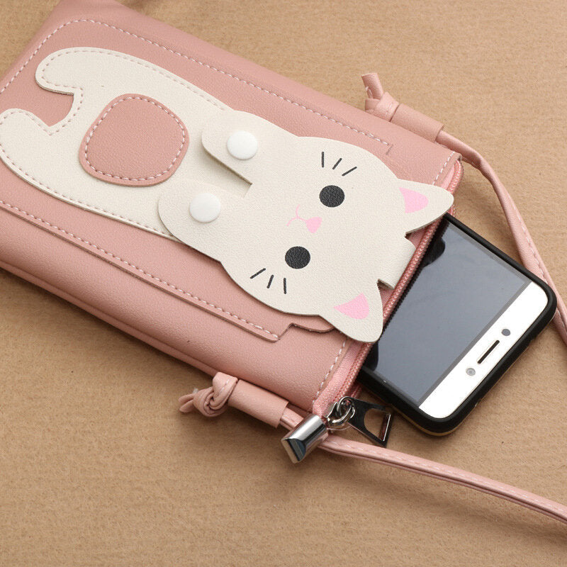 Women Faux Leather Super Cute Cat Kitty Pattern 6.3 Inch Phone Bag Small Storage Crossbody