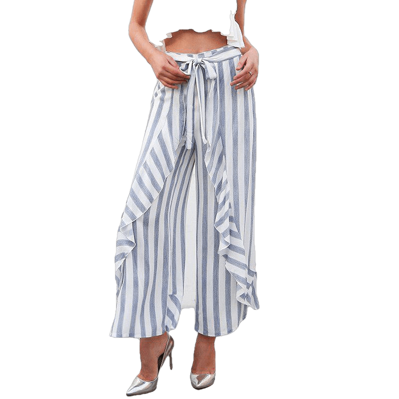 Stripe Split Wide Leg Pants Bottom Sash Ruffle High Waist Trousers For Women