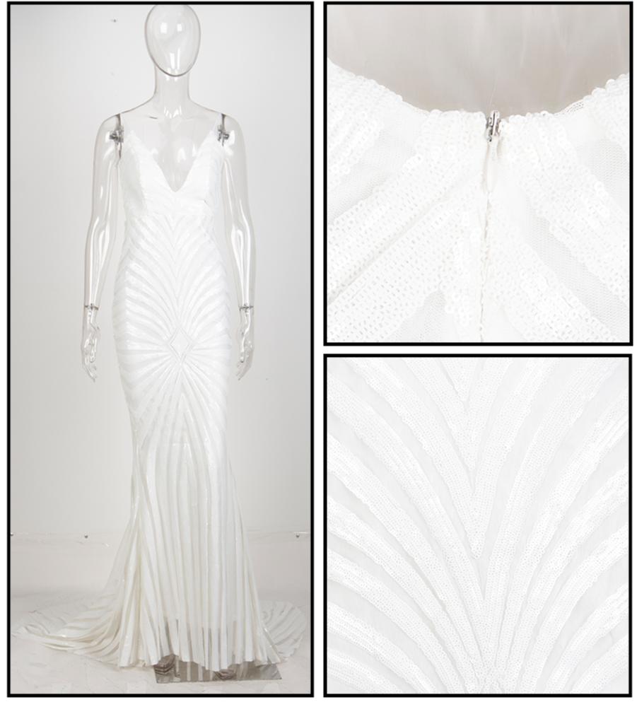 Love&Lemonade White Deep V Neck Open Back Geometry Sequins Long Dress  LM81225 Autumn/Winter