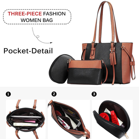 3 PCS PU Leather Vintage Color-match Large Capacity Clutch Bag Crossbody Shoulder Handbag