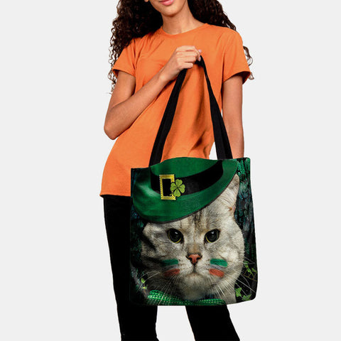 Women Clover Cat Pattern Print Happy St Patrick Day Shoulder Bag Handbag Tote