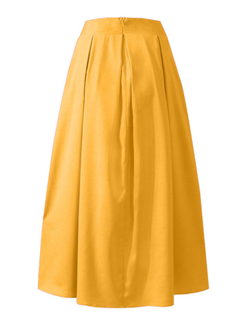 Women Solid Color High Waist Big Swing Zipper Casual Loose Long Skirt With Pocket