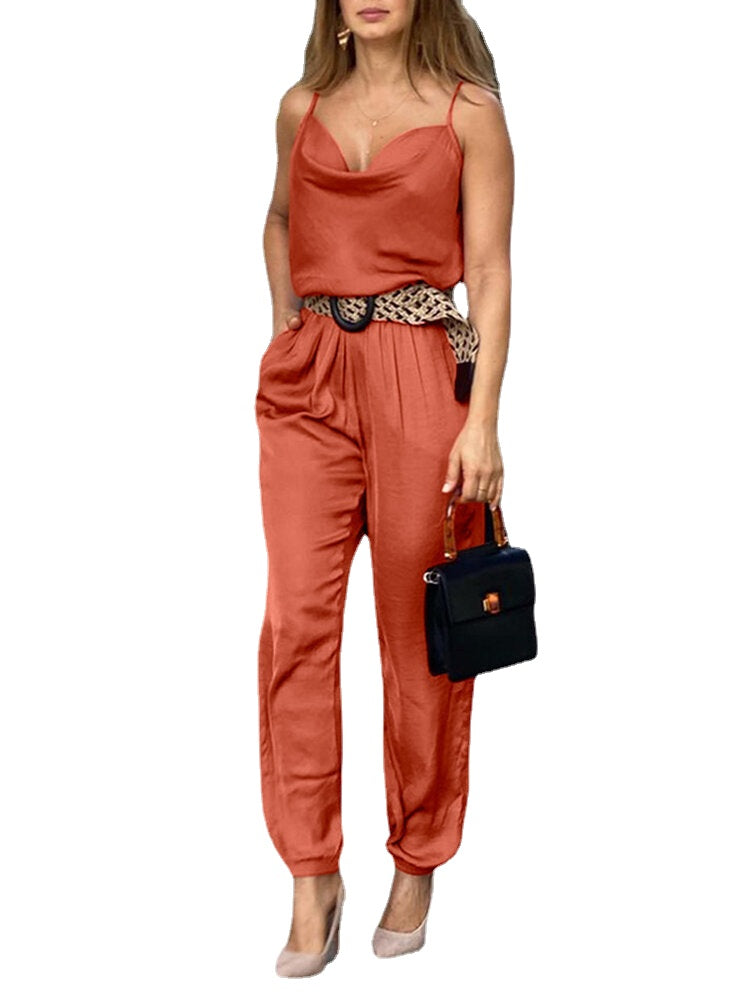 V-Neck Solid Pleats Sleeveless Jumpsuits For Women