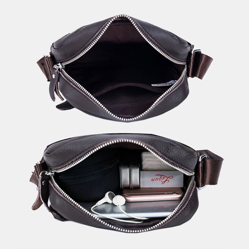 Men's Waterproof Genuine Leather Crossbody Bag with Multi-Layer Storage