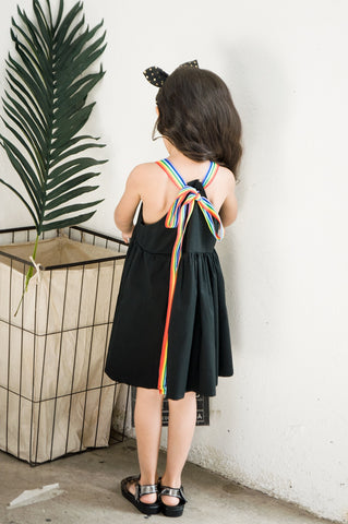 Children Clothing Girls Rainbow Strap Simply Black Cotton Dress Lovely Casual Kids Summer Dress - Sheseelady