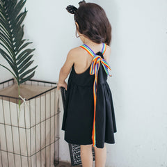 Children Clothing Girls Rainbow Strap Simply Black Cotton Dress Lovely Casual Kids Summer Dress - Sheseelady