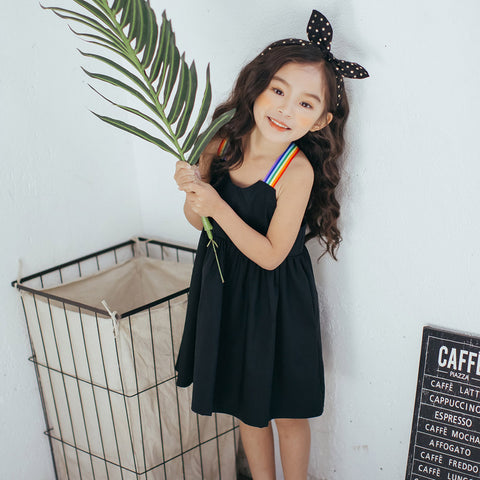 Children Clothing Girls Rainbow Strap Simply Black Cotton Dress Lovely Casual Kids Summer Dress - Sheseelady