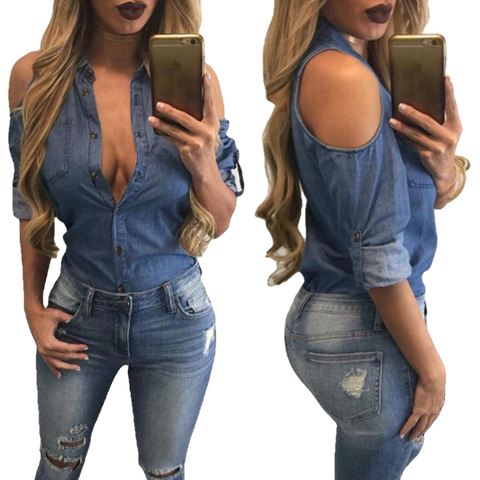 Sexy Off Shoulder Pocket Loose Casual Top Long Sleeve Denim Blouse
