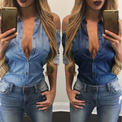 Sexy Off Shoulder Pocket Loose Casual Top Long Sleeve Denim Blouse