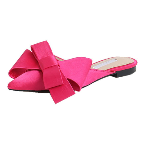 Sapatos femininos chinelos de seda coreana de cetim pontiagudo gravata borboleta Baotou conjuntos de salto plano semi chinelos