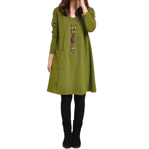 Plus Size Long Sleeve Pocket Solid O Neck Loose Party Casual Dress
