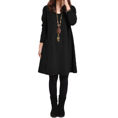 Plus Size Long Sleeve Pocket Solid O Neck Loose Party Casual Dress