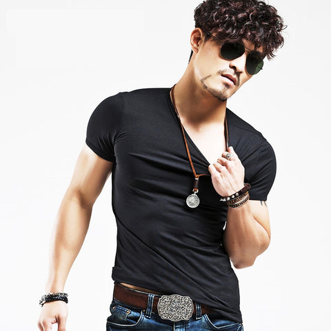 Casual Fashionable V-neck Cotton Fitness T-Shirt For Male