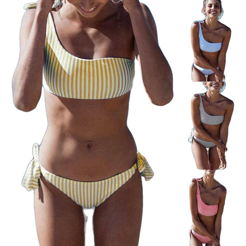 新しい2 pcs女性夏の水着水着ビキニは、パッド入りのストライプのビーチウェア水着入浴