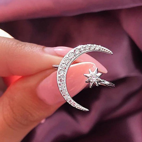 New Fashion Ring Moon & Star Deslumbrante Anel de Dedo Aberto Para Mulheres Meninas Joias Puro Noivado Joias De Noivado