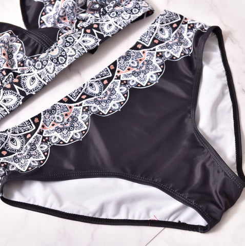 Sexy Gothic Print Bandage Padded Plus Size Split Body Swimwear For Women