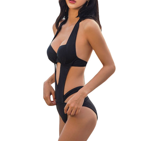 Solid Print Sexy Halter Cut Out Push Up Bandage Trikini For Female