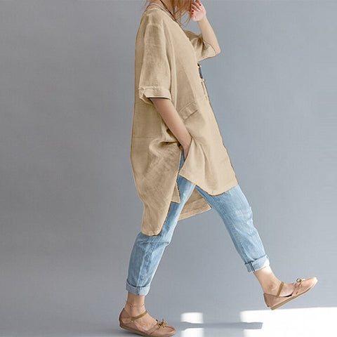 Leisure Trendy Women's Linen Cotton O-neck Short Sleeve Baggy Tops