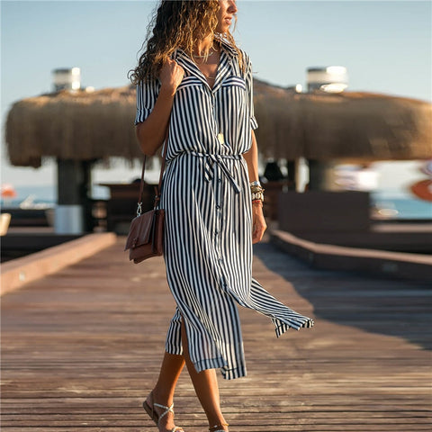 Casual Elegant Ladies' Stripe Print Shirt Dress With Turn Down Collar