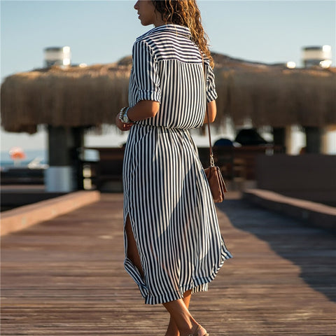 Casual Elegant Ladies' Stripe Print Shirt Dress With Turn Down Collar