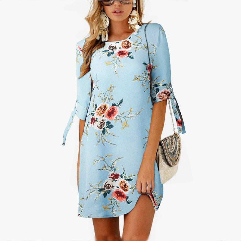 Summer Floral Print Chiffon Tunic Sundress Loose Mini Dress