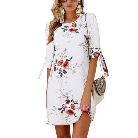 Summer Floral Print Chiffon Tunic Sundress Loose Mini Dress