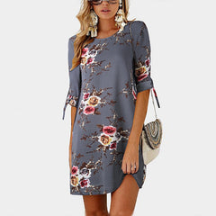 Summer Floral Print Chiffon Tunic Sundress Loose Mini Dress