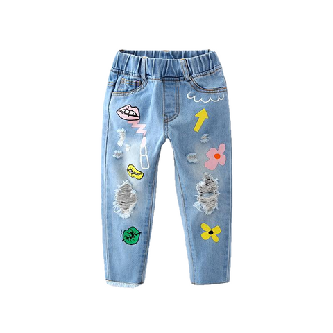 Printemps enfants filles nouveau pantalon en denim décontracté enfants mode dessin animé imprimé floral jean pour filles 2-7 ans