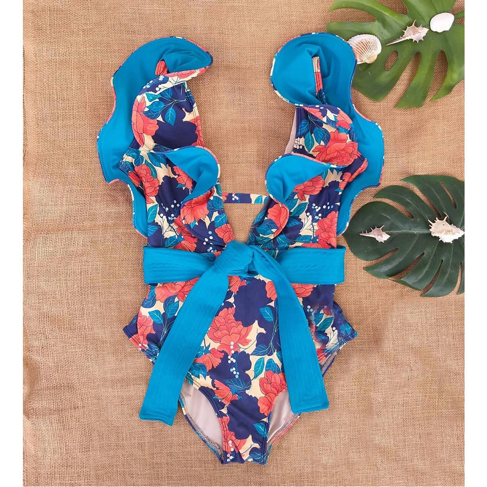 Sexy Ladies' Deep V-neck Strappy Ruffle Swimsuit With Print Floral One Piece