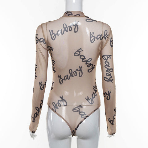 Sexy Ladies' Long Sleeve Transparent Mesh Bodysuits With Letter Print