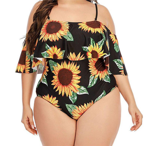 Stylish Ladies' Sunflower-print Swimsuit With Lotus Lace Plus Size One Piece