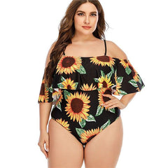 Stylish Ladies' Sunflower-print Swimsuit With Lotus Lace Plus Size One Piece