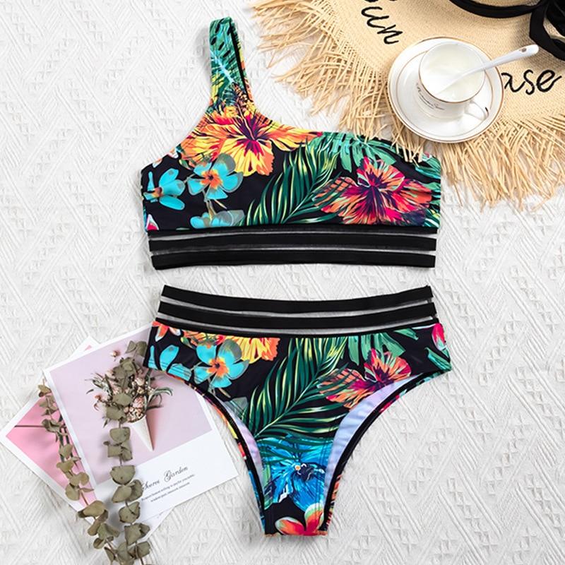 Sexy Women's High Waist One Shoulder Push Up Bikinis Set With Tropical Print