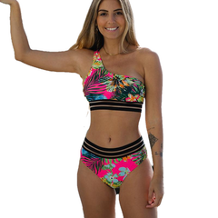 Sexy Women's High Waist One Shoulder Push Up Bikinis Set With Tropical Print