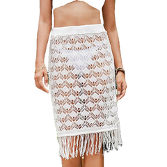 Sexy Women's White High Waist Crochet Beach Dress With Tassels