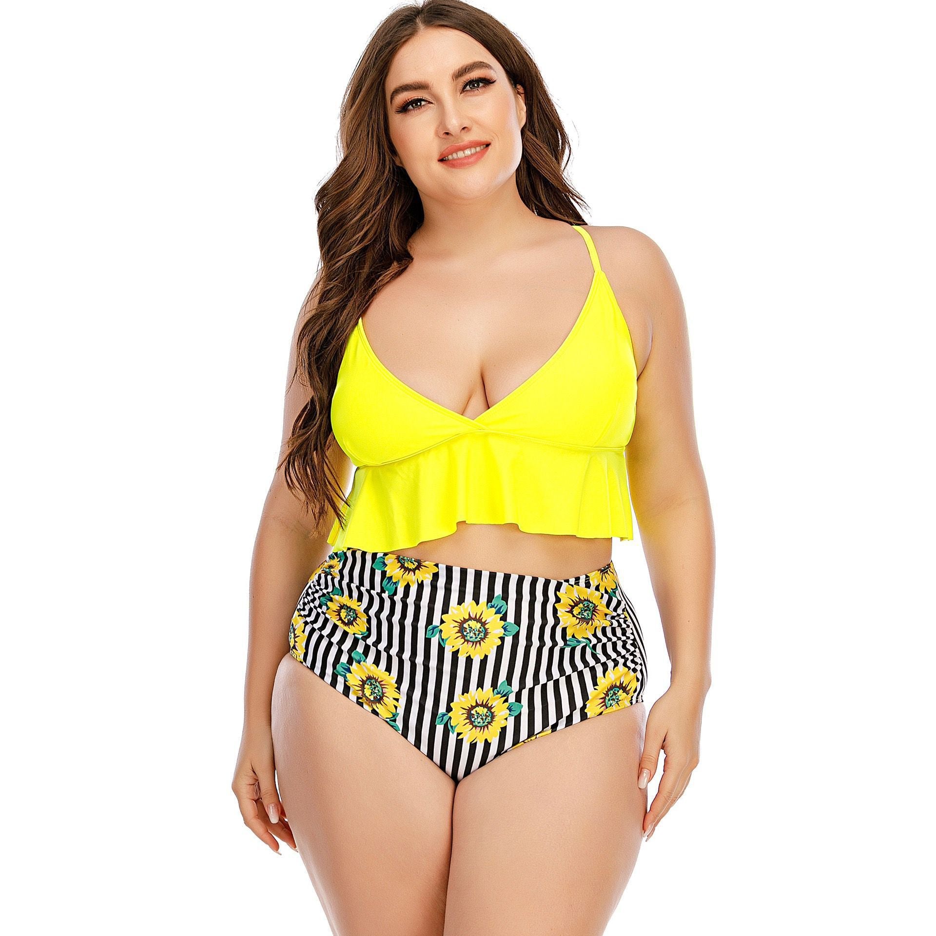 Trendy Women's Split High Waist Swimming Suit With Sunflower Pattern Plus Size