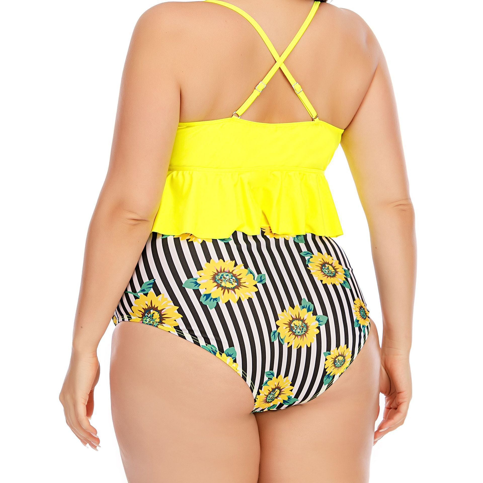 Trendy Women's Split High Waist Swimming Suit With Sunflower Pattern Plus Size