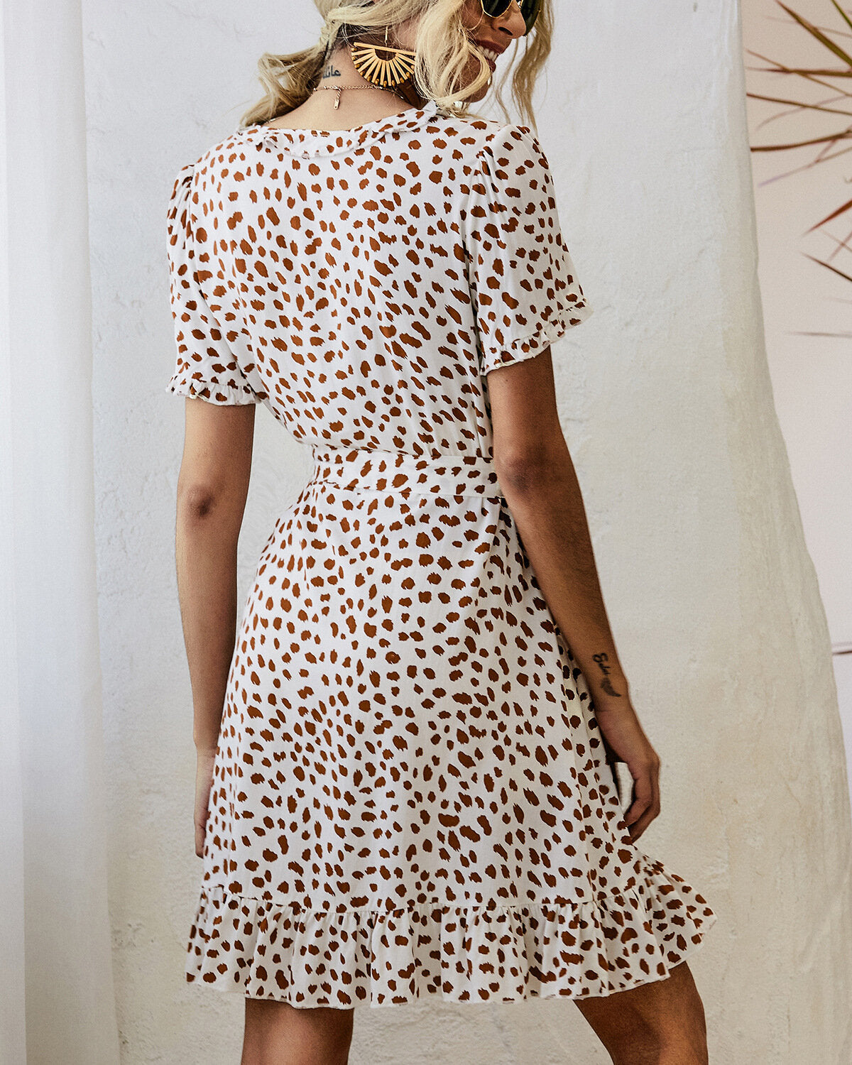 Bohemian Ruffle Wrap Animal Print Belted V-neck Short Sleeves Dress