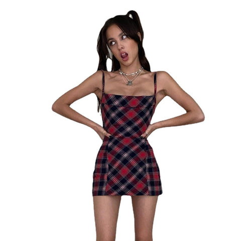 Hot Girl's Temperament Checkered Slim-Fit Cute Strap Dress